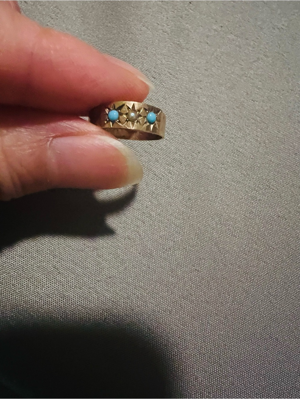 Antique Victorian 10K Gold Turquoise & Pearl Gypsy Ring | Size 0 Midi Ring - Picture 7 of 9